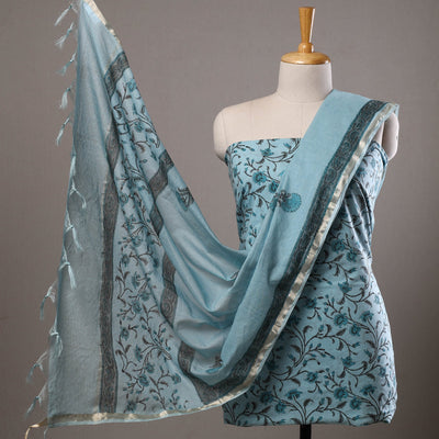Blue - 3pc Sanganeri Block Printed Cotton Suit Material with Chanderi Silk Dupatta 02