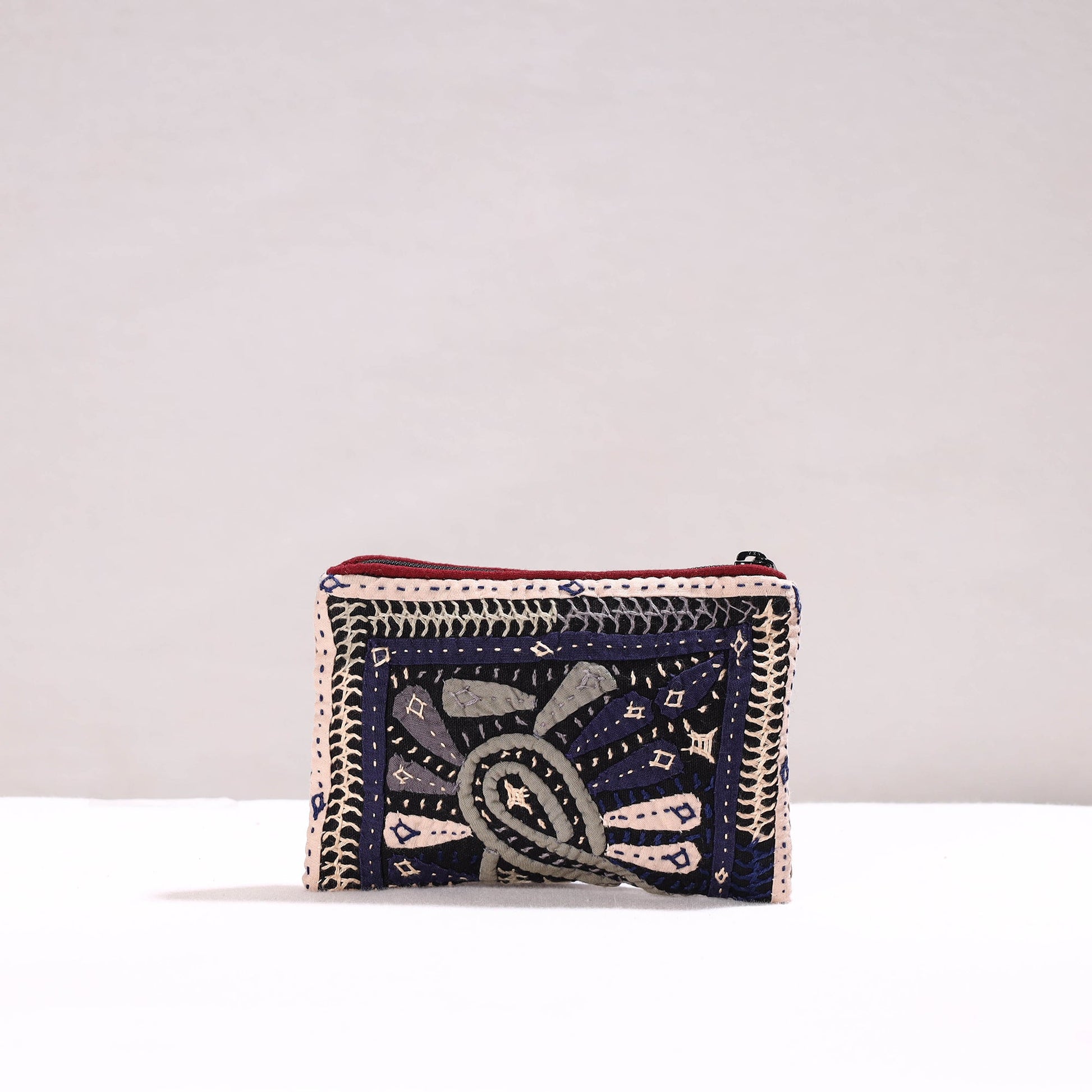 Black - Kutch Dhebariya Qatab Hand Embroidery Cotton Coin Pouch