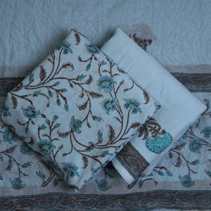 Blue - 3pc Sanganeri Block Printed Cotton Suit Material with Chanderi Silk Dupatta 02