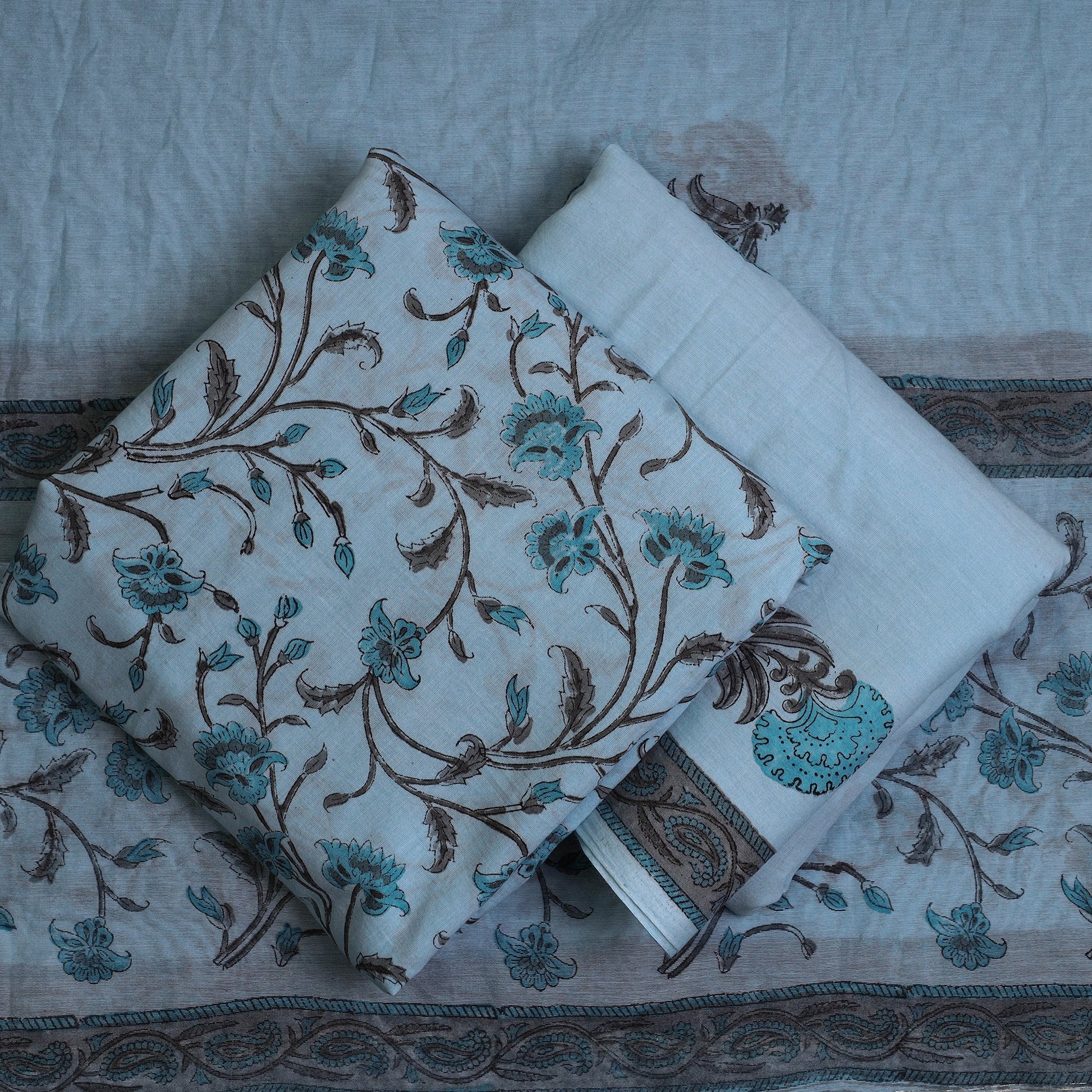 Blue - 3pc Sanganeri Block Printed Cotton Suit Material with Chanderi Silk Dupatta 02