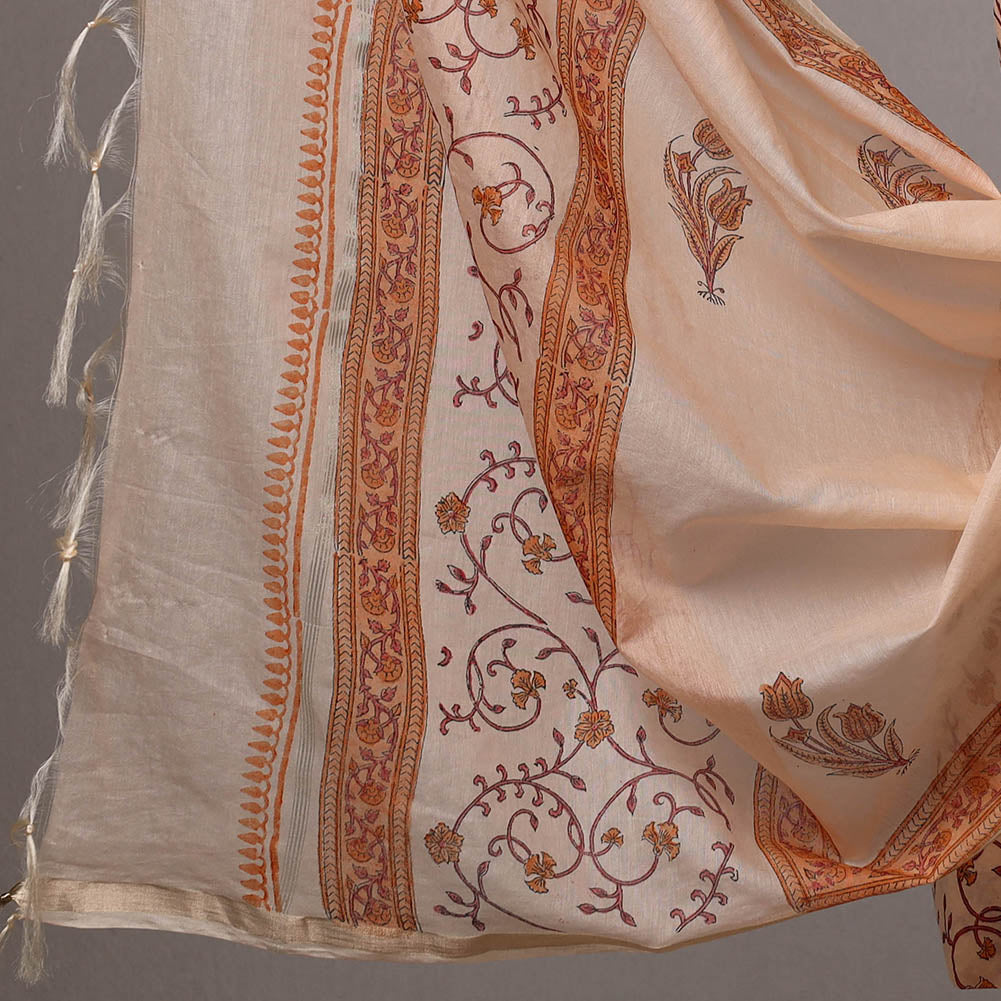 Beige - 3pc Sanganeri Block Printed Cotton Suit Material with Chanderi Silk Dupatta 19