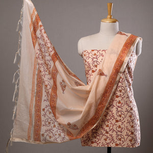 Beige - 3pc Sanganeri Block Printed Cotton Suit Material with Chanderi Silk Dupatta 19