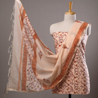 Beige - 3pc Sanganeri Block Printed Cotton Suit Material with Chanderi Silk Dupatta 19