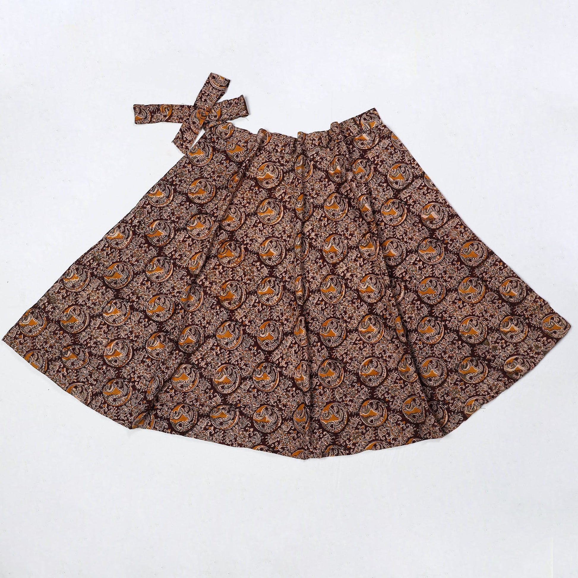 Brown - Kalamkari Block Printed Cotton Wrap Around Skirt 02