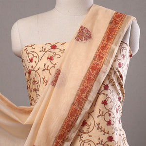 Beige - 3pc Sanganeri Block Printed Cotton Suit Material with Chanderi Silk Dupatta 23