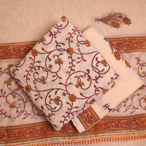 Beige - 3pc Sanganeri Block Printed Cotton Suit Material with Chanderi Silk Dupatta 19