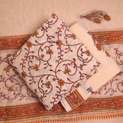 Beige - 3pc Sanganeri Block Printed Cotton Suit Material with Chanderi Silk Dupatta 19