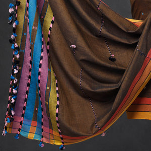 Brown - 3pc Kutch Bhujodi Weaving Mirror Work Handloom Fine Cotton Suit Material Set