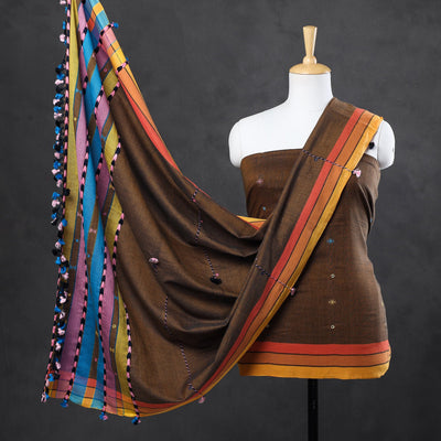 Brown - 3pc Kutch Bhujodi Weaving Mirror Work Handloom Fine Cotton Suit Material Set