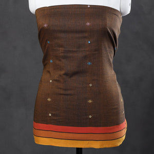 Brown - 3pc Kutch Bhujodi Weaving Mirror Work Handloom Fine Cotton Suit Material Set