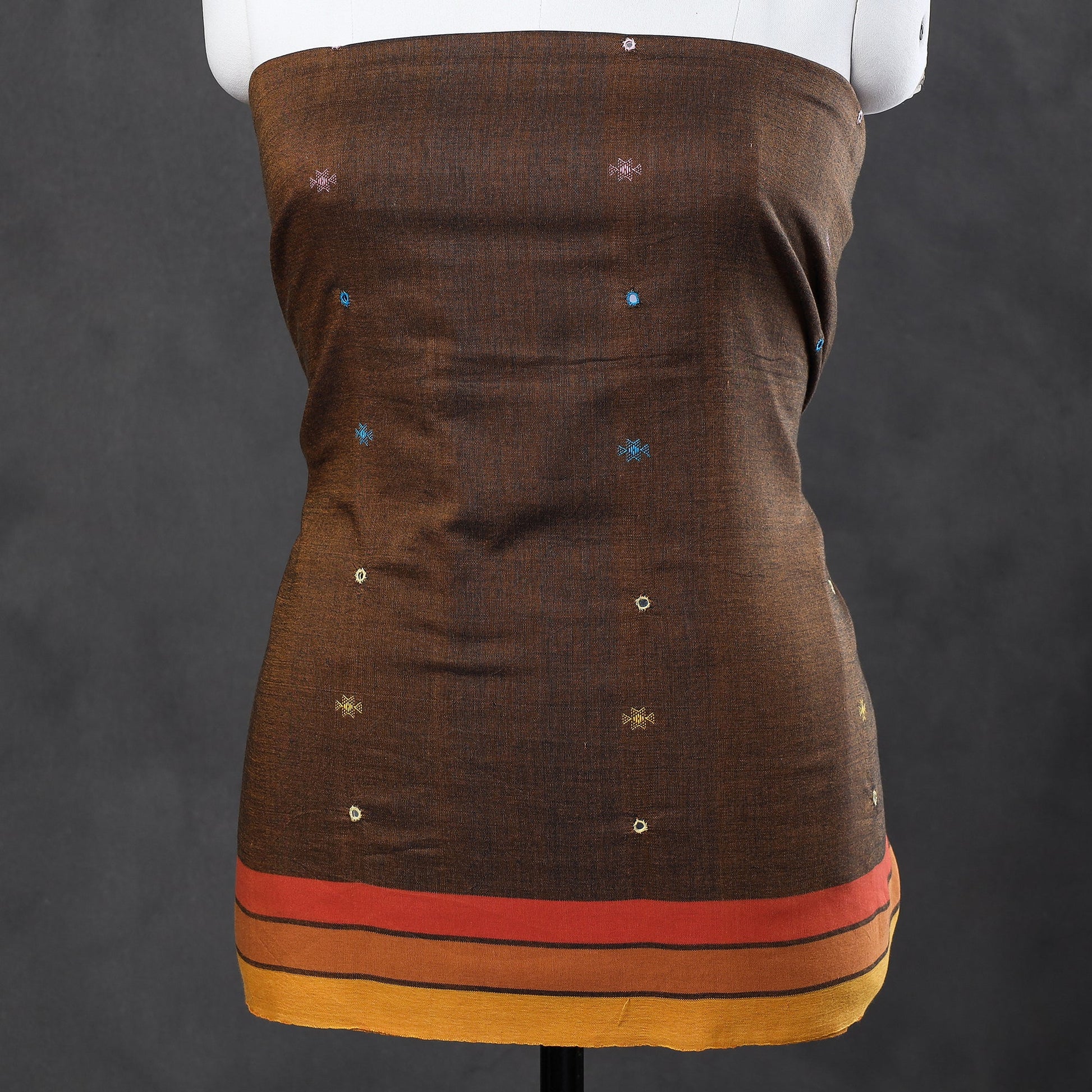 Brown - 3pc Kutch Bhujodi Weaving Mirror Work Handloom Fine Cotton Suit Material Set