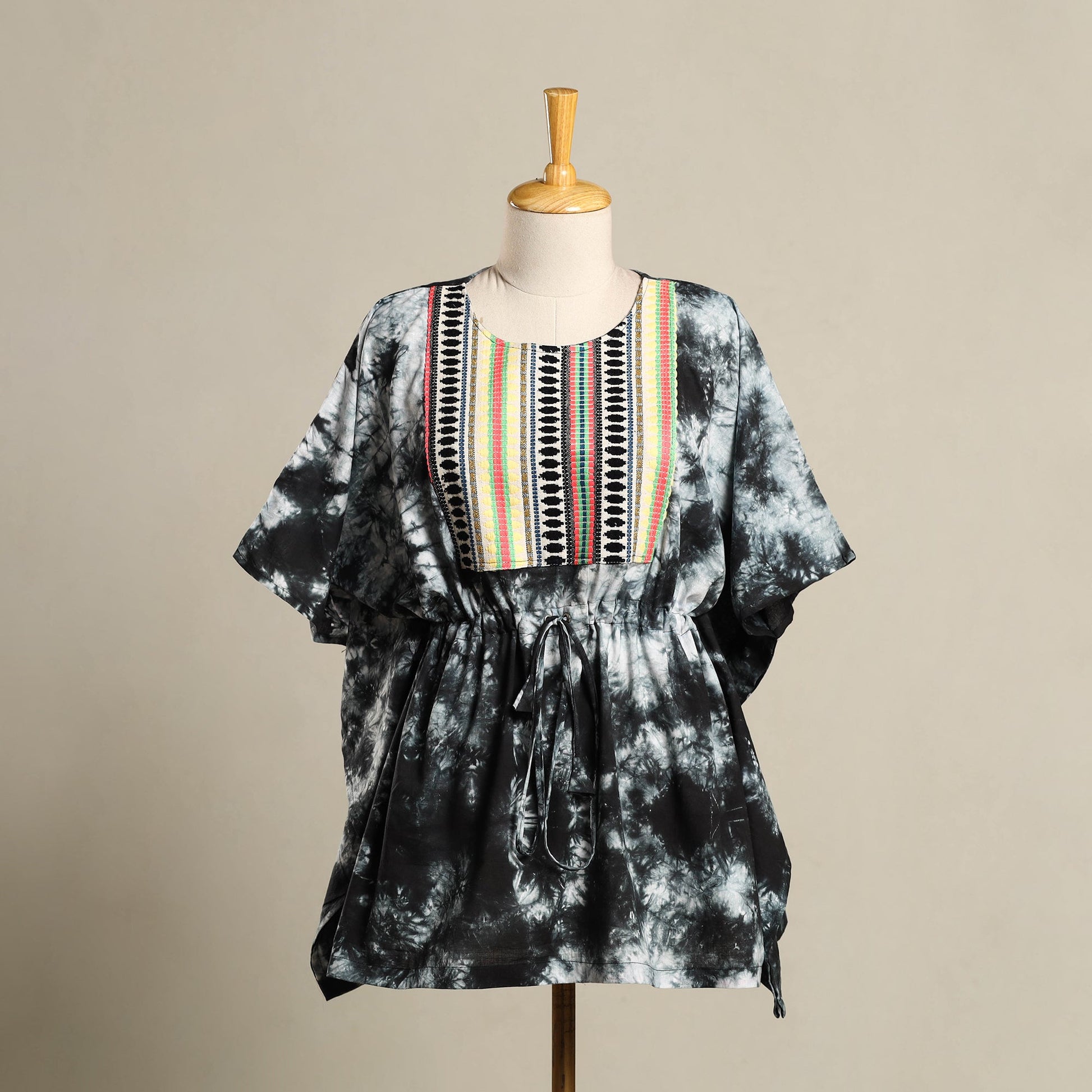 Black - Shibori Jacquard Mosaic Fusion Cotton Kaftan (Short) 34