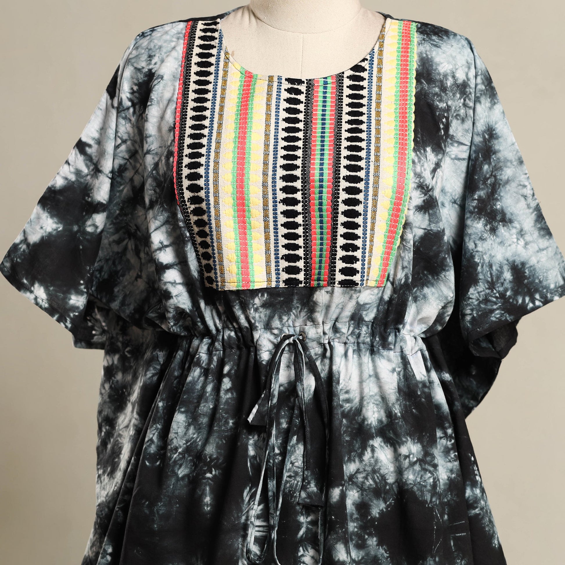 Black - Shibori Jacquard Mosaic Fusion Cotton Kaftan (Short) 34