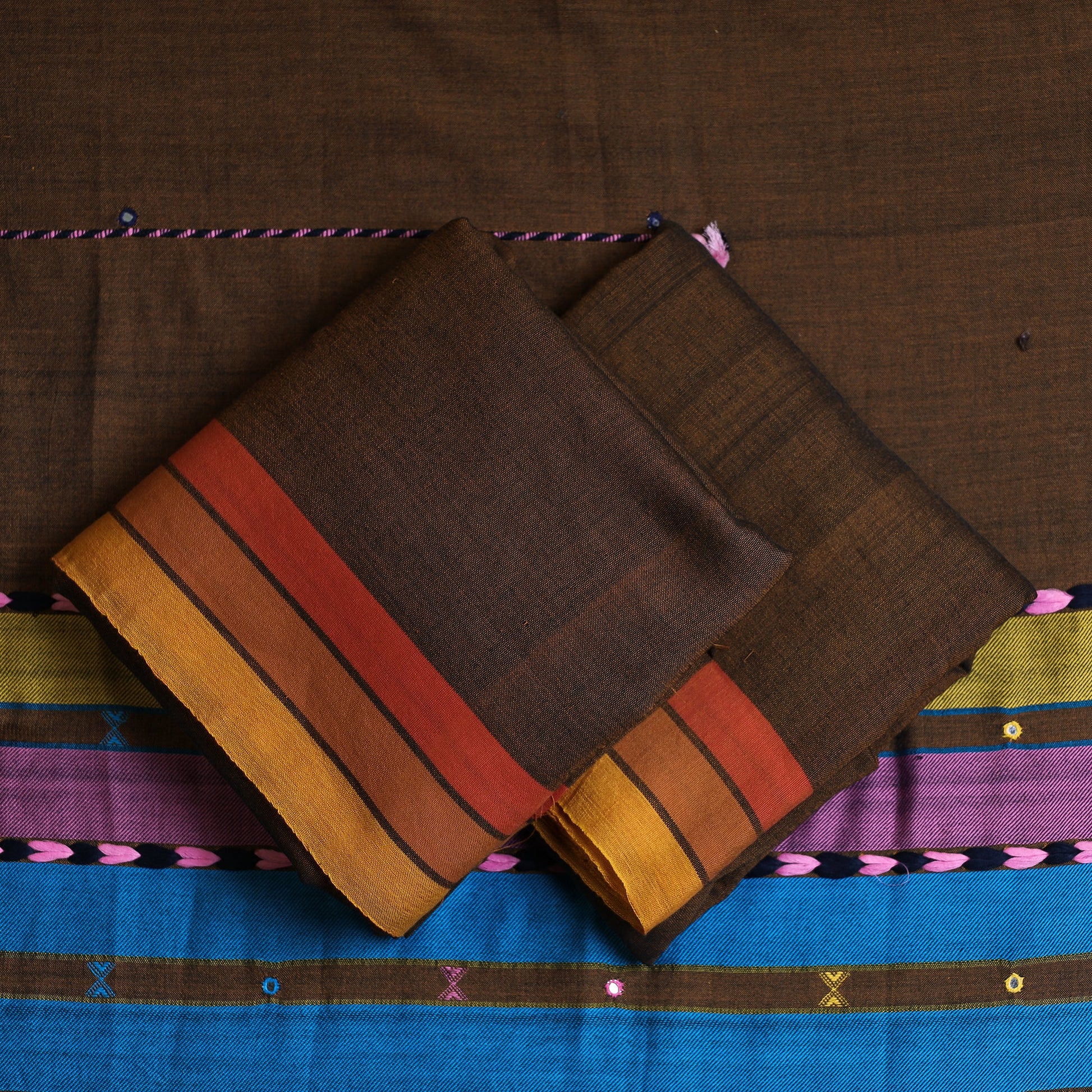 Brown - 3pc Kutch Bhujodi Weaving Mirror Work Handloom Fine Cotton Suit Material Set