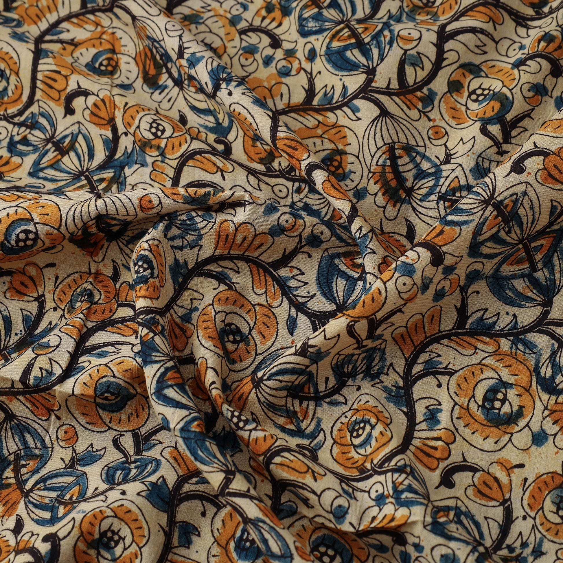 Beige - Natural Dyed Block Print Cotton Kalamkari Fabric 08