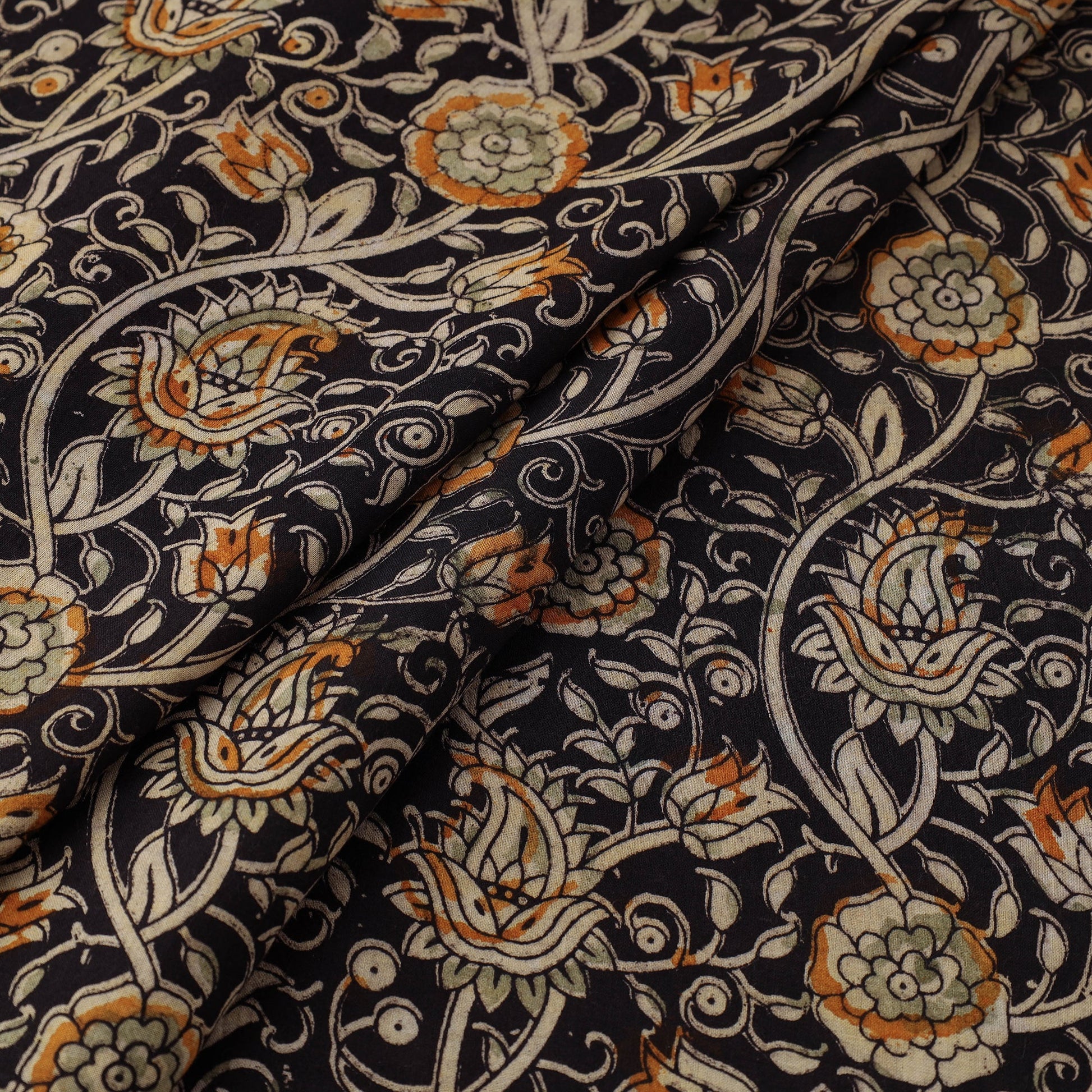 Black - Natural Dyed Block Print Cotton Kalamkari Fabric 10