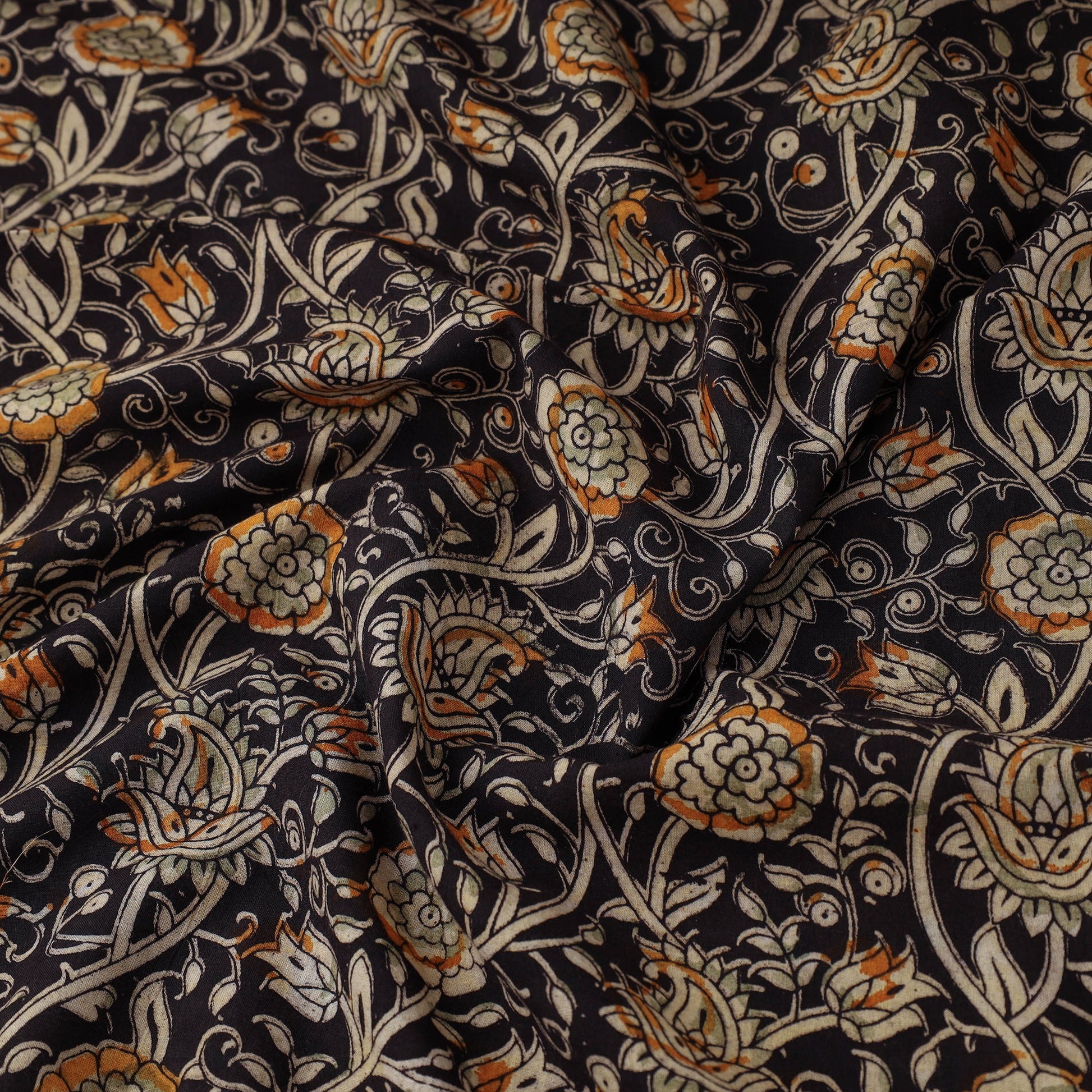 Black - Natural Dyed Block Print Cotton Kalamkari Fabric 10