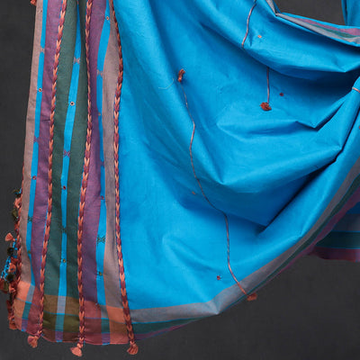 Blue - 3pc Kutch Bhujodi Weaving Mirror Work Handloom Fine Cotton Suit Material Set