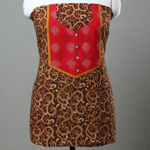 Brown - Kalamkari Print Cotton Kurta Material with Patchwork (3m) 03