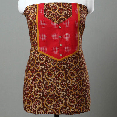 Brown - Kalamkari Print Cotton Kurta Material with Patchwork (3m) 03