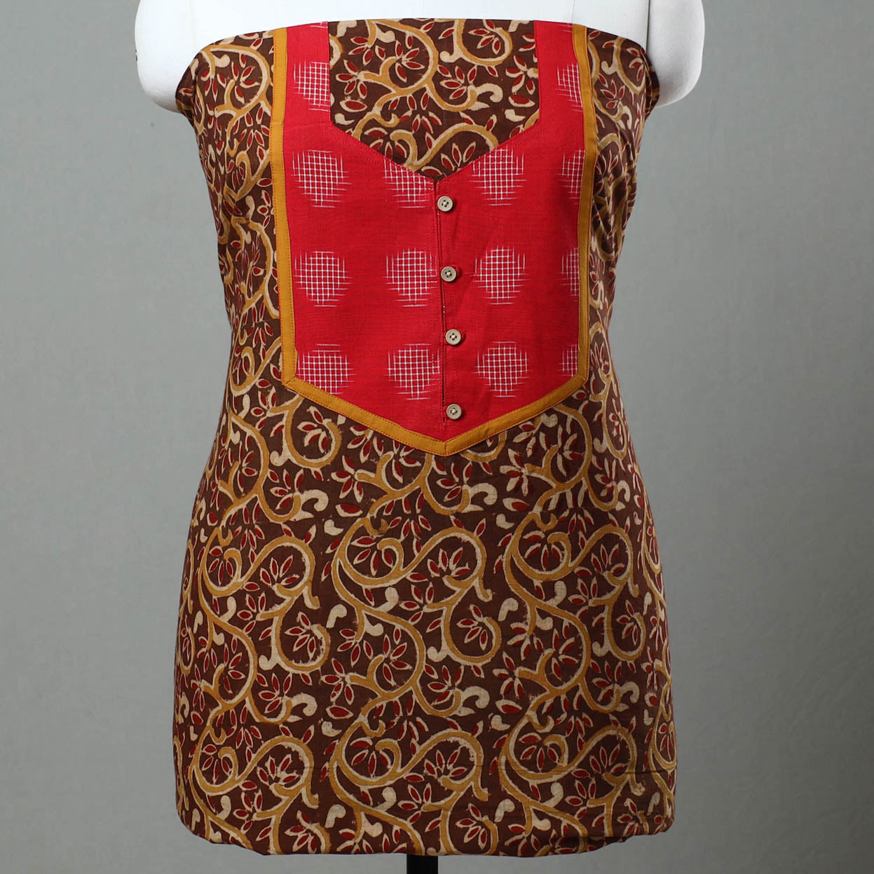 Brown - Kalamkari Print Cotton Kurta Material with Patchwork (3m) 03
