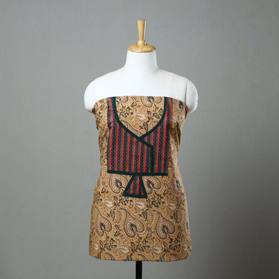 Brown - Kalamkari Print Cotton Kurta Material with Patchwork (3m) 04