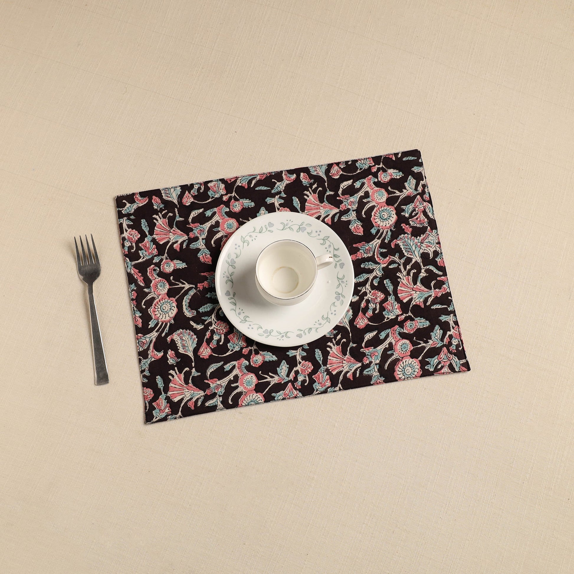 Black - Floral Print Cotton Reversible Table Mat 28