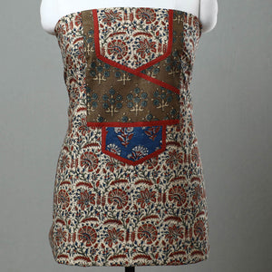 Beige - Kalamkari Print Cotton Kurta Material with Patchwork (3m) 08