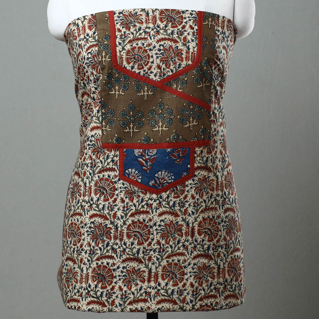 Beige - Kalamkari Print Cotton Kurta Material with Patchwork (3m) 08