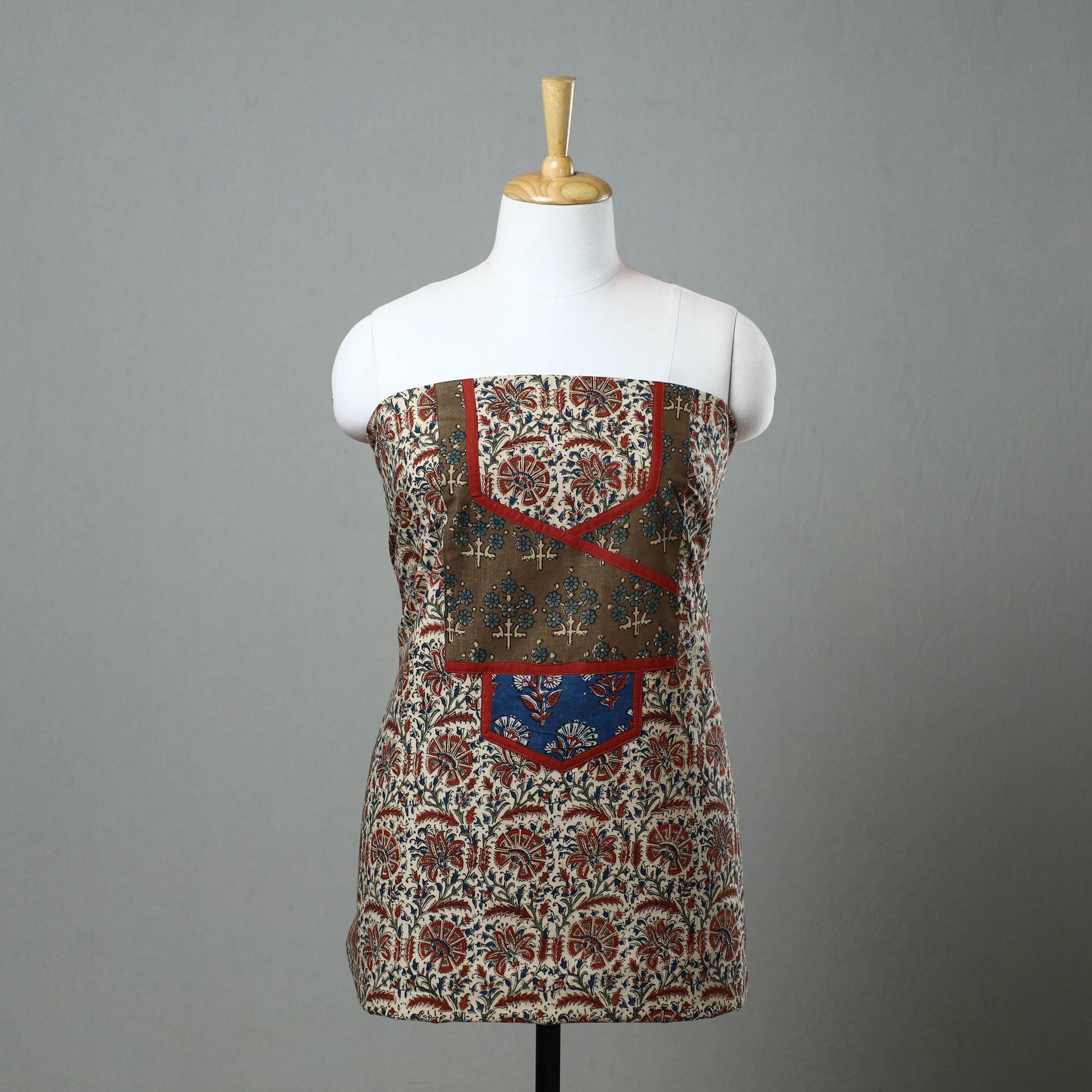 Beige - Kalamkari Print Cotton Kurta Material with Patchwork (3m) 08