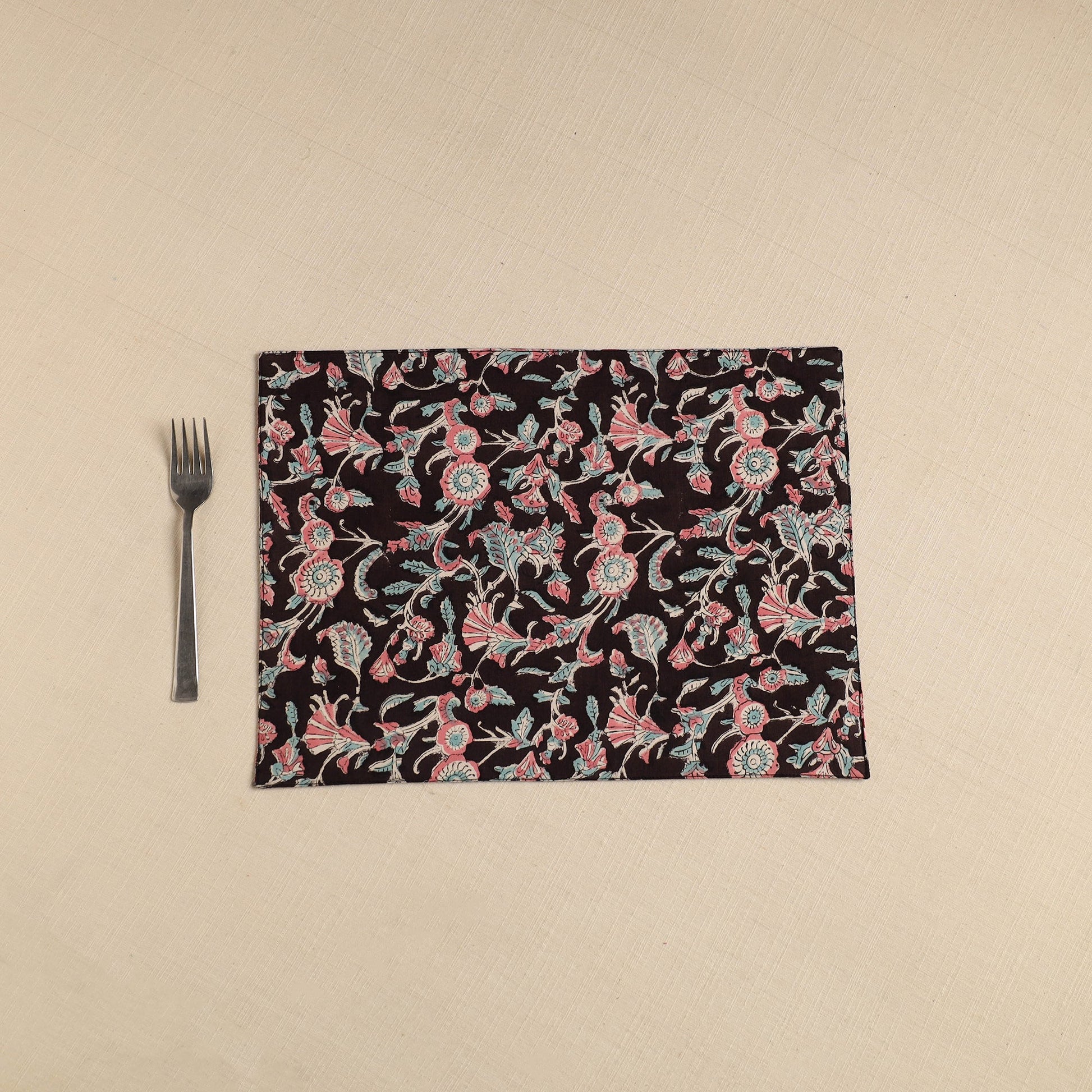 Black - Floral Print Cotton Reversible Table Mat 28