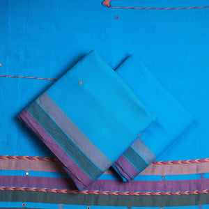 Blue - 3pc Kutch Bhujodi Weaving Mirror Work Handloom Fine Cotton Suit Material Set