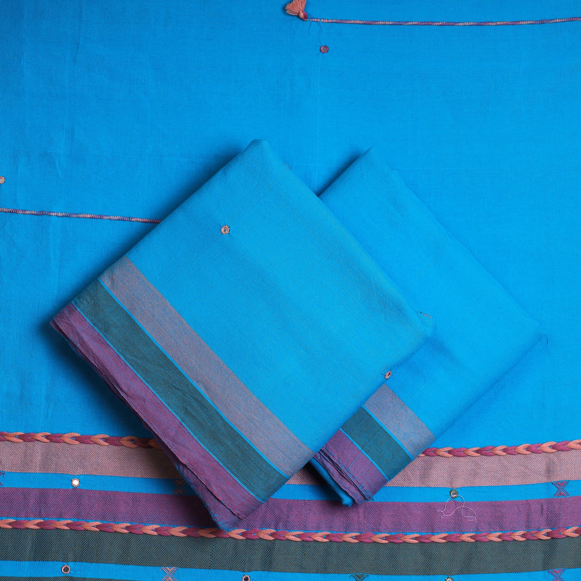 Blue - 3pc Kutch Bhujodi Weaving Mirror Work Handloom Fine Cotton Suit Material Set