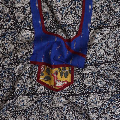 Black - Kalamkari Print Cotton Kurta Material with Patchwork (3m) 12