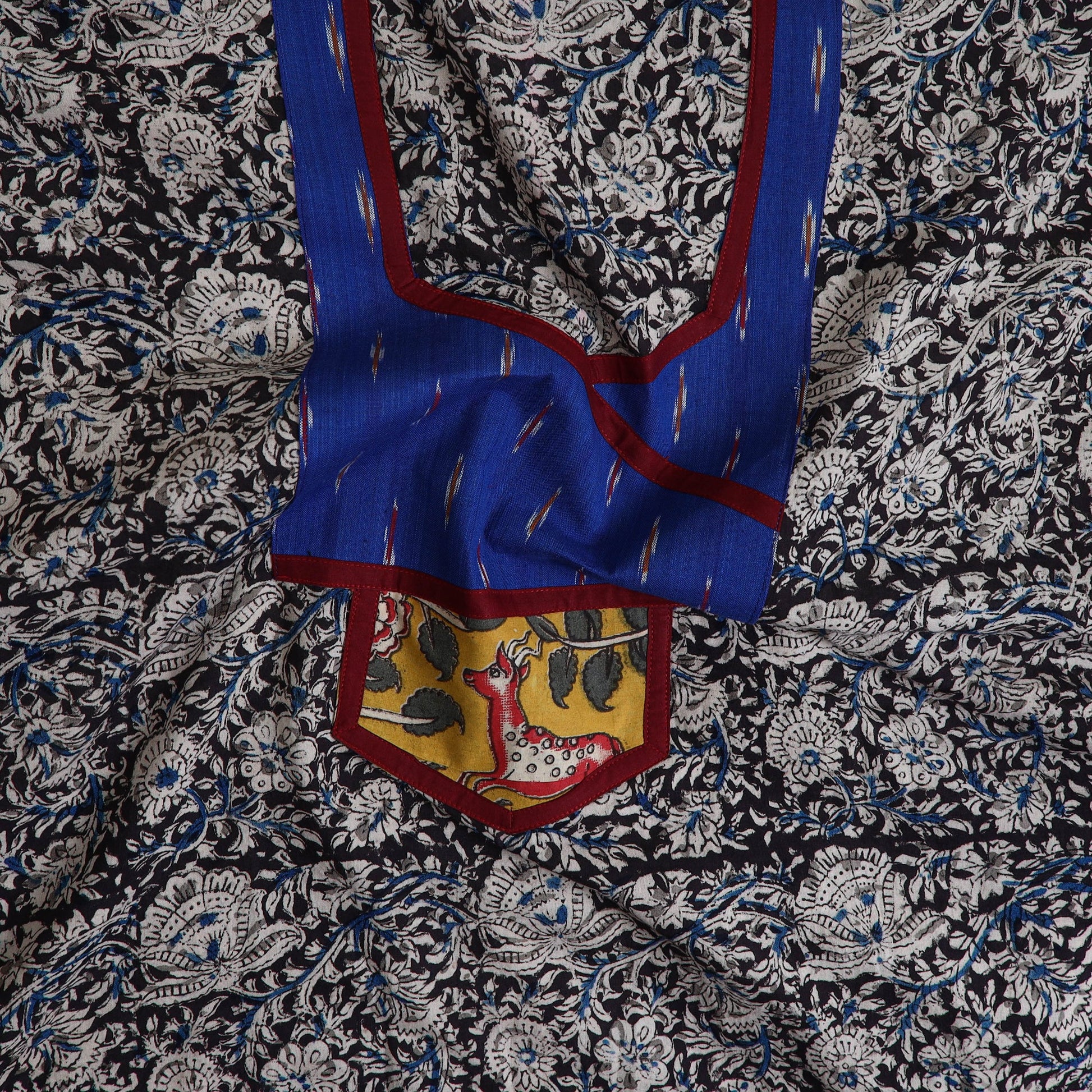 Black - Kalamkari Print Cotton Kurta Material with Patchwork (3m) 12