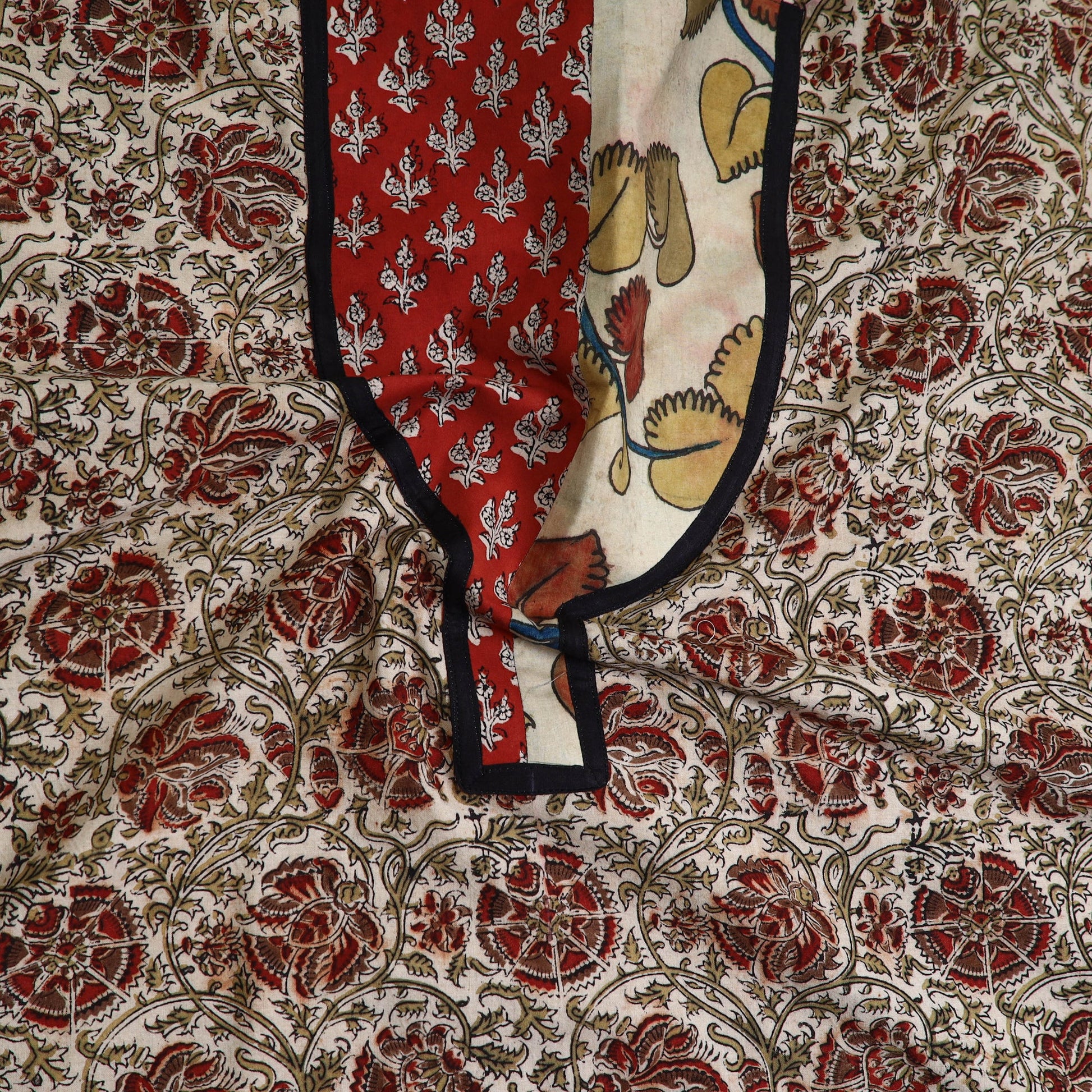 Beige - Kalamkari Print Cotton Kurta Material with Patchwork (3m) 13