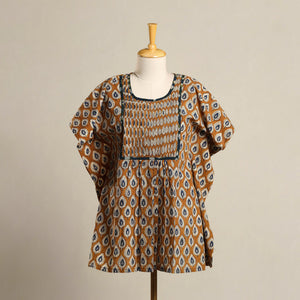Brown - Pintuck Bagru Mosaic Fusion Cotton Kaftan (Short) 42