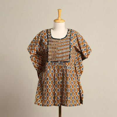 Brown - Pintuck Bagru Mosaic Fusion Cotton Kaftan (Short) 42