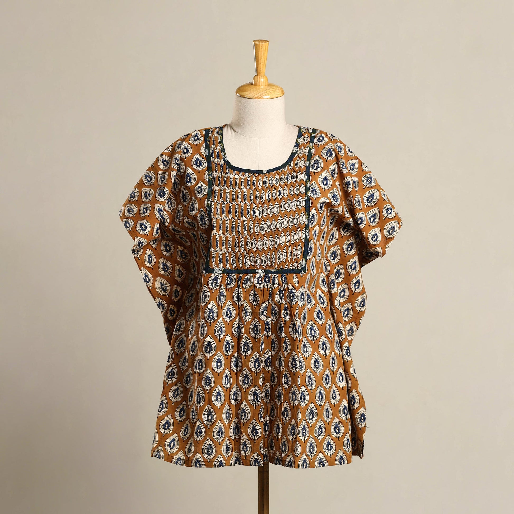 Brown - Pintuck Bagru Mosaic Fusion Cotton Kaftan (Short) 42
