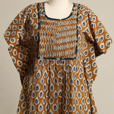 Brown - Pintuck Bagru Mosaic Fusion Cotton Kaftan (Short) 42