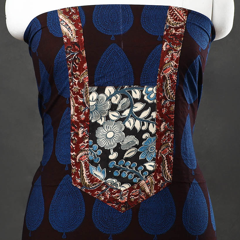Blue - Bagh Print Cotton Kurta Material with Patchwork (3m) 16