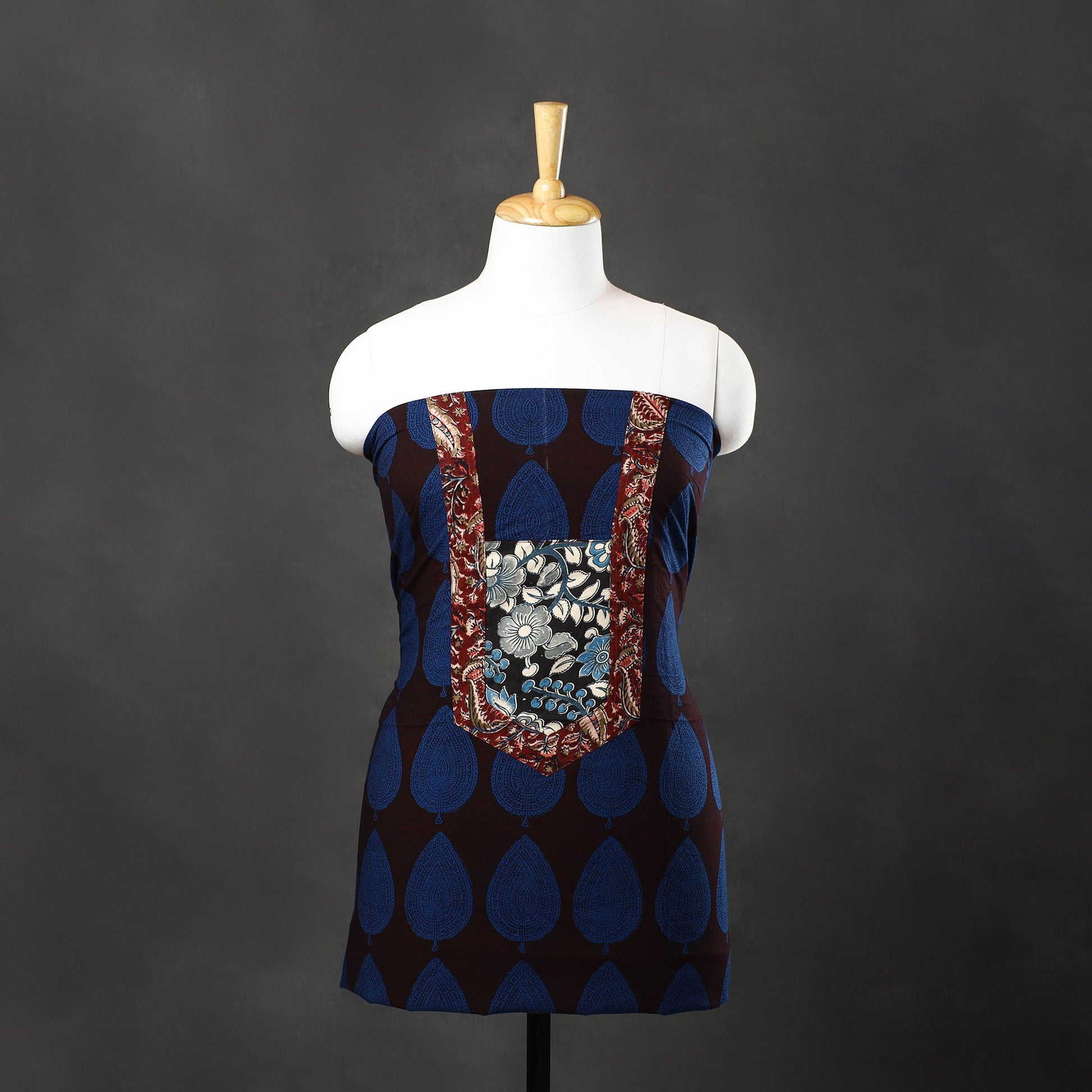 Blue - Bagh Print Cotton Kurta Material with Patchwork (3m) 16