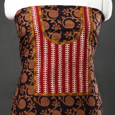 Brown - Bagh Print Cotton Kurta Material with Patchwork (3m) 02