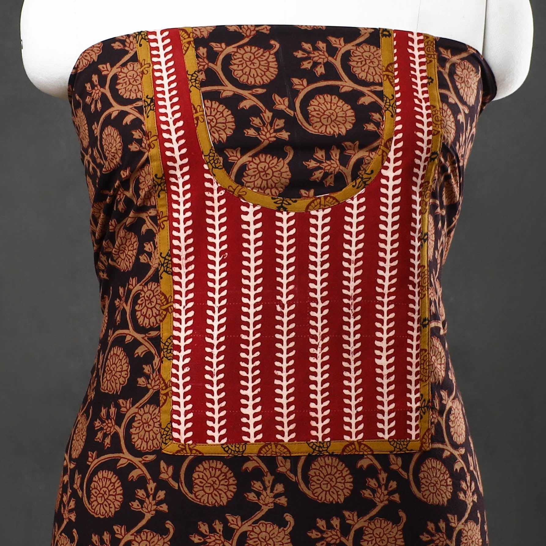 Brown - Bagh Print Cotton Kurta Material with Patchwork (3m) 02