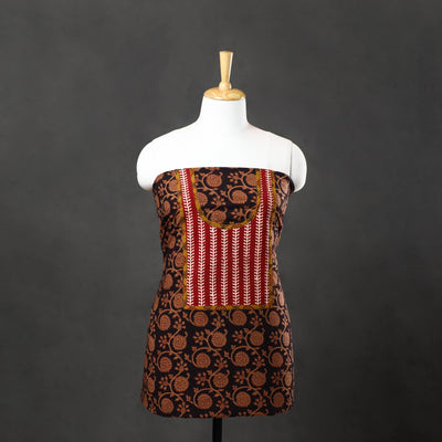 Brown - Bagh Print Cotton Kurta Material with Patchwork (3m) 02