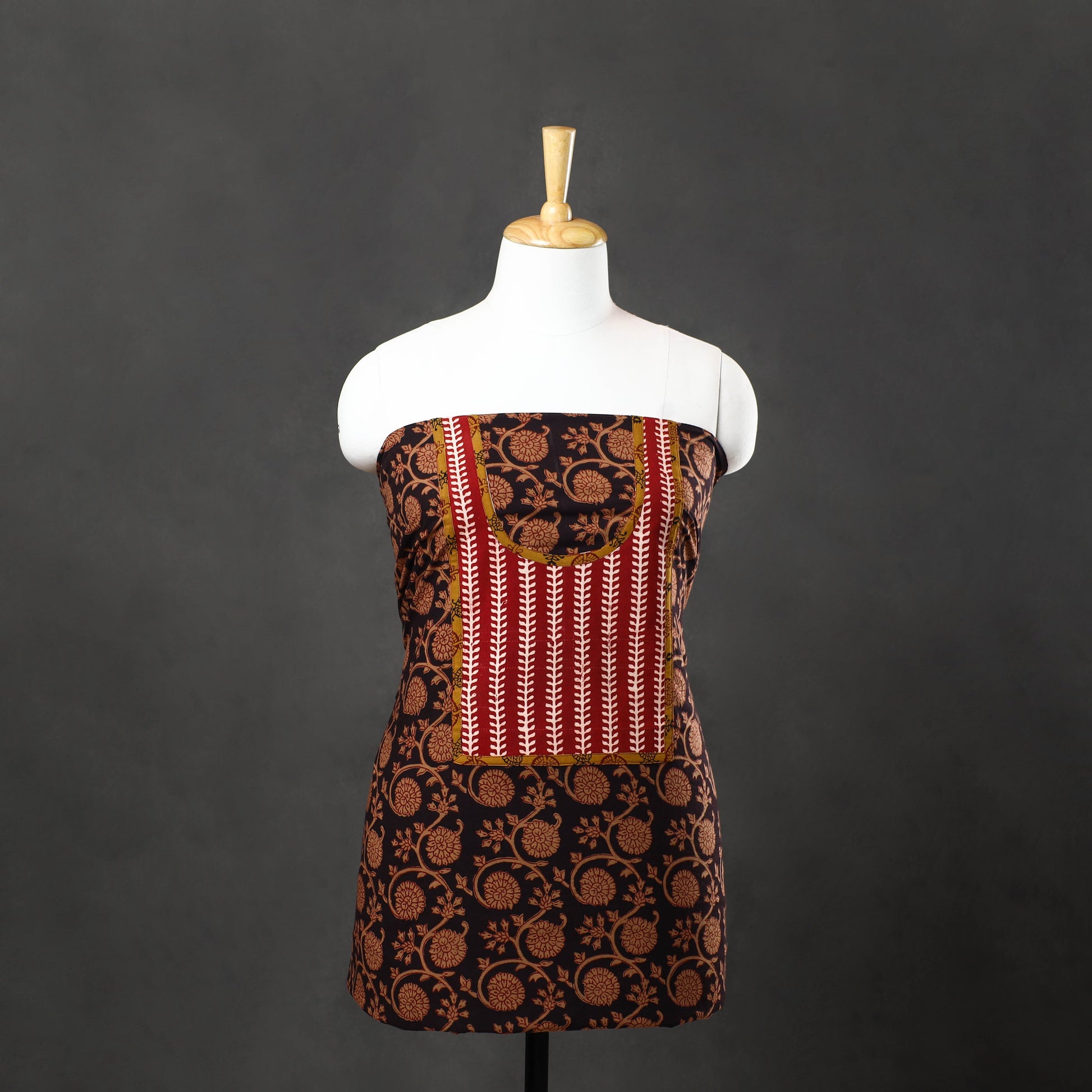 Brown - Bagh Print Cotton Kurta Material with Patchwork (3m) 02