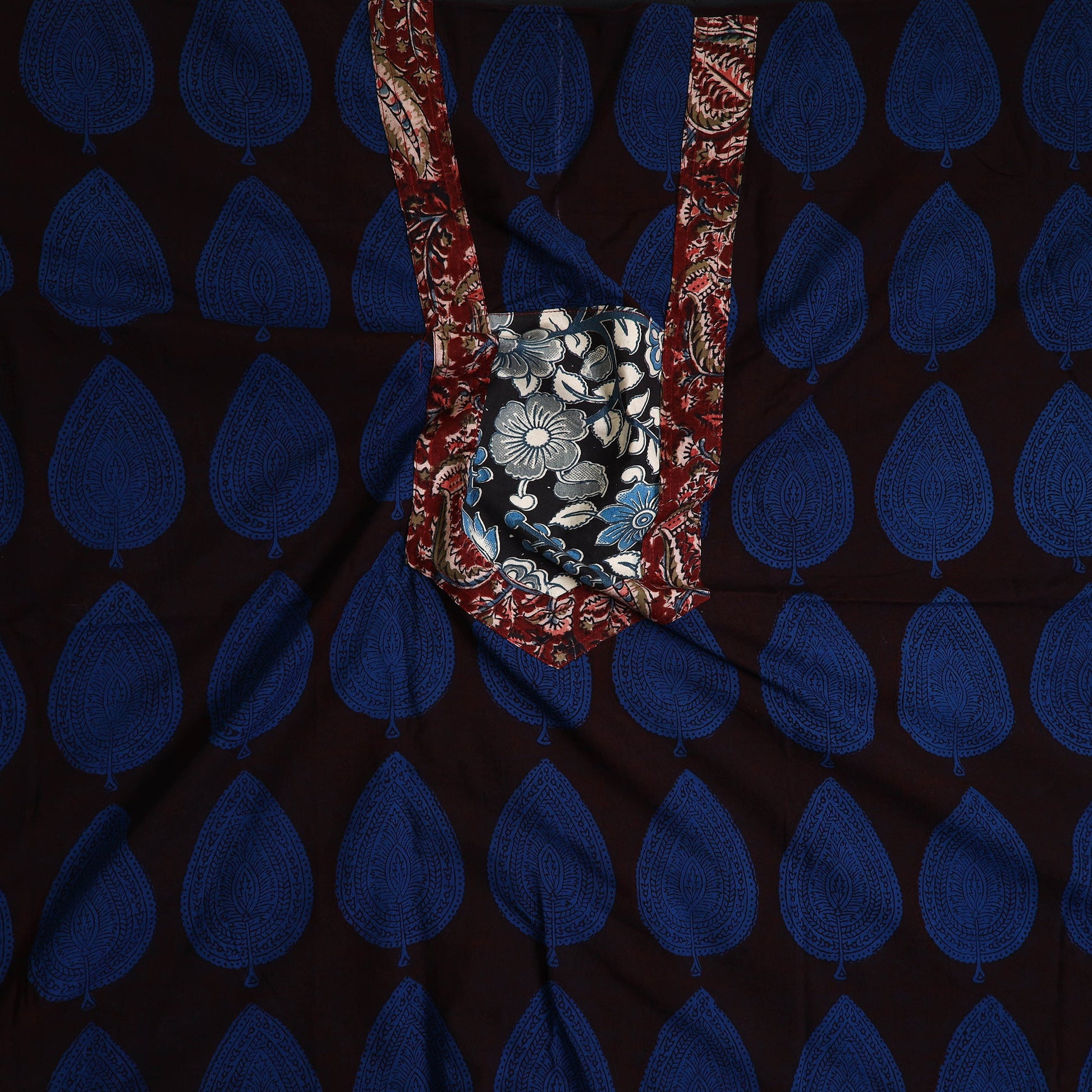 Blue - Bagh Print Cotton Kurta Material with Patchwork (3m) 16