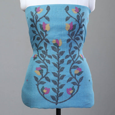 Blue - 2pc Phulia Jamdani Weave Handloom Linen Suit Material Set