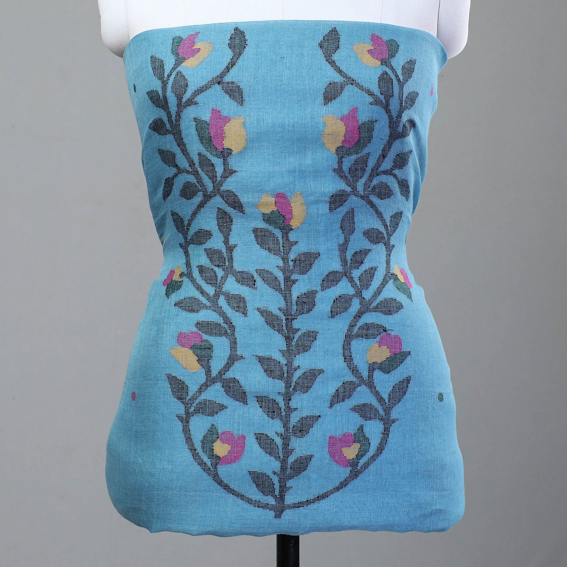 Blue - 2pc Phulia Jamdani Weave Handloom Linen Suit Material Set