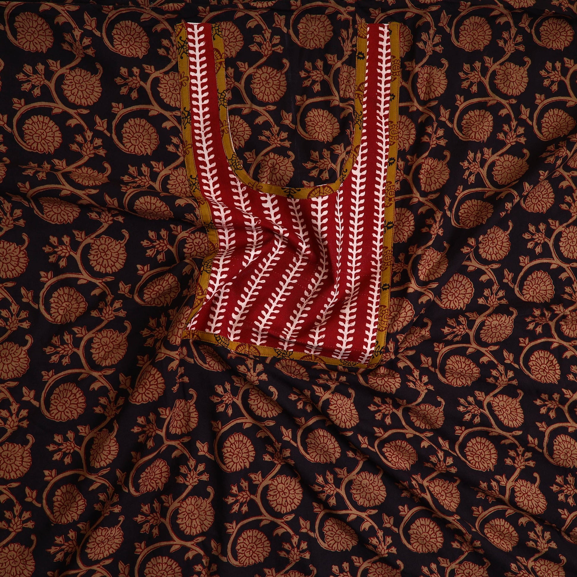 Brown - Bagh Print Cotton Kurta Material with Patchwork (3m) 02